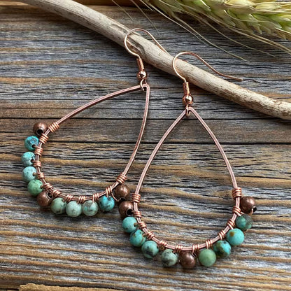 Handmade Metal Wire Wrapped Dangle Pair Earrings Turquoise Beads Gemstone Stone Size 3X5MM Round Shape Wire Wrapped Setting Earring Foe Women's Gift Jewelry