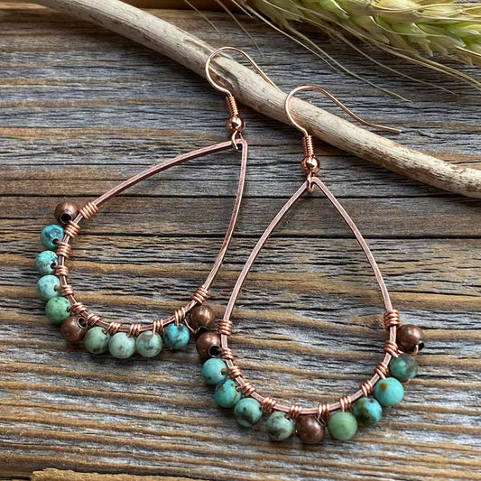 Handmade Metal Wire Wrapped Dangle Pair Earrings Turquoise Beads Gemstone Stone Size 3X5MM Round Shape Wire Wrapped Setting Earring Foe Women's Gift Jewelry