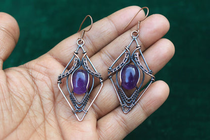 Handmade Metal Wire Wrapped Dangle Pair Earrings Amethyst Gemstone Stone Size 8To10MM Oval Shape Wire Wrapped Setting Earring Foe Women's Gift Jewelry