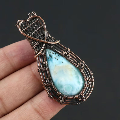 Handmade Copper Wire Wrapped Pendant Pear Shape 20To25MM Larimar Natural Stone Pendant For Anniversary Gift for Wife Jewelry