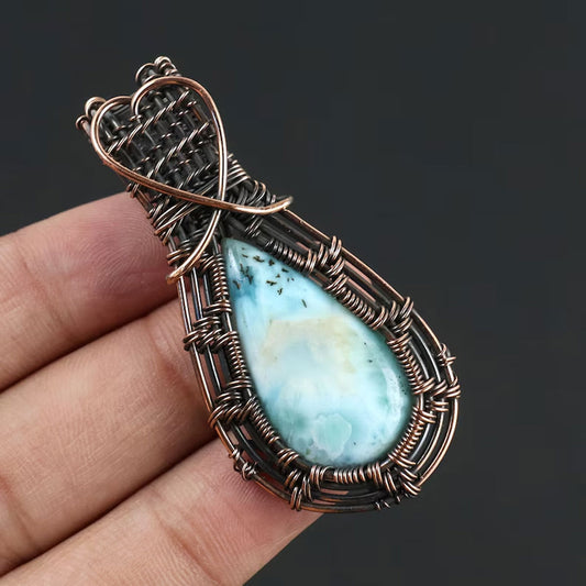 Handmade Copper Wire Wrapped Pendant Pear Shape 20To25MM Larimar Natural Stone Pendant For Anniversary Gift for Wife Jewelry