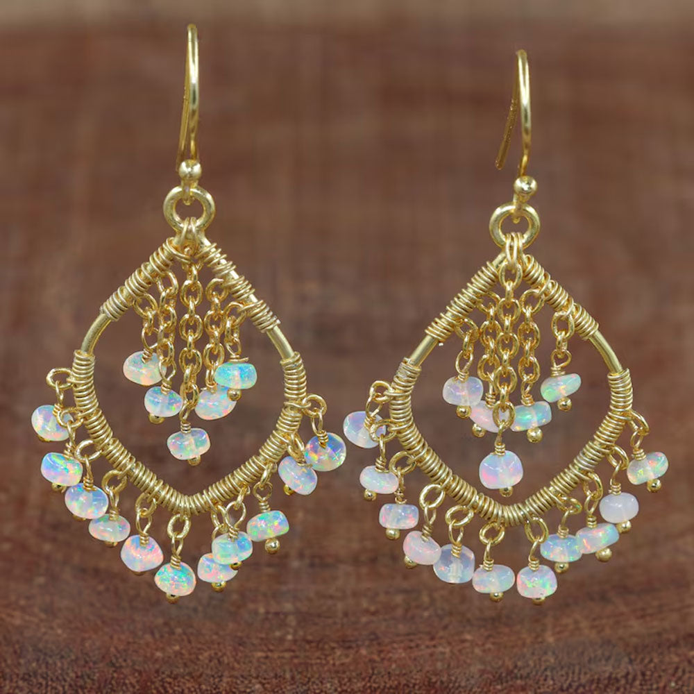 Handmade Metal Wire Wrapped Dangle Pair Earrings Ethiopian Opal Gemstone Stone Size 3To5MM Round Shape Wire Wrapped Setting Earring Foe Women's Gift Jewelry