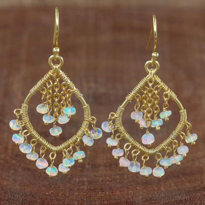 Handmade Metal Wire Wrapped Dangle Pair Earrings Ethiopian Opal Gemstone Stone Size 3To5MM Round Shape Wire Wrapped Setting Earring Foe Women's Gift Jewelry