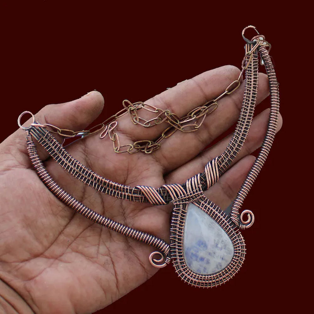 Handmade Wire Wrapped Brass Necklace Stone Size 25To30MM Pear Shape Bezel Set Necklace For Happy Birthday Gift For Women