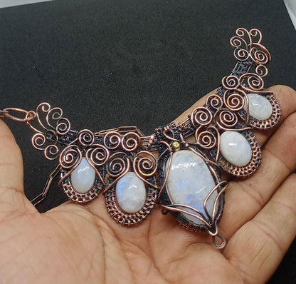 Handmade Wire Wrapped Brass Necklace Stone Size 25To30MM Pear Shape Rainbow Moonstone Bezel Set Necklace For Happy Birthday Gift For Women