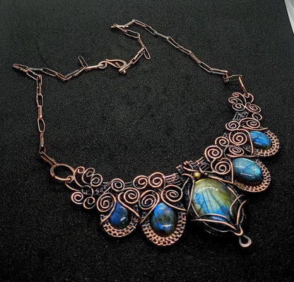 Handmade Wire Wrapped Brass Necklace Stone Size 15To30MM Pear Shape Labradorite Bezel Set Necklace For Happy Birthday Gift For Women