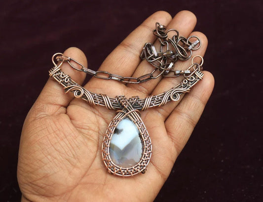 Handmade Wire Wrapped Brass Necklace Stone Size 25To30MM Pear Shape White Onyx Stone Bezel Set Necklace For Happy Birthday Gift For Women
