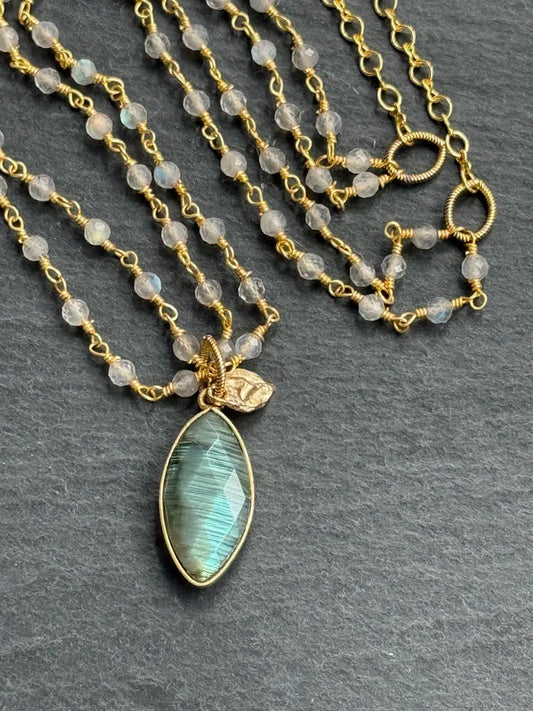 Handmade Wire Wrapped Brass Necklace Stone Size 8To16MM Pear Shape Labradorite Stone Bezel Set Necklace For Happy Birthday Gift For Women