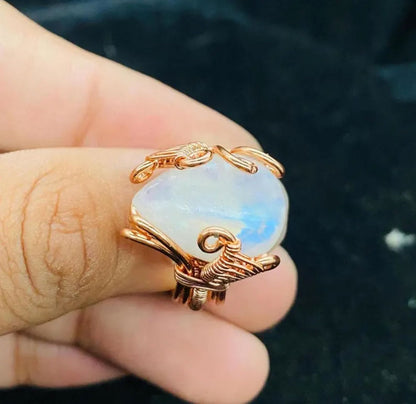 Adjustable Handmade Wire Wrapped Brass Ring Size 10To15 Oval Shape Opalite Quartz Stone Bezel Set Ring For Happy Birthday Gift For Women