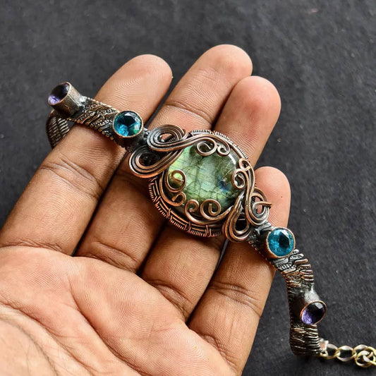 Adjustable Handmade Wire Wrapped Brass Bracelet Size 15MM Round Shape Labradorite Amethyst Stone Bezel Set Ring For Happy Birthday Gift For Women