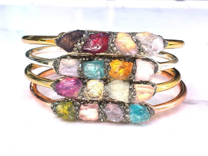 Adjustable Handmade Wire Wrapped Brass Bangle Size 10To15MM Raw Shape Multi Hydro Quartz Gemstone Bezel Set Bangle For Happy Birthday Gift For Women