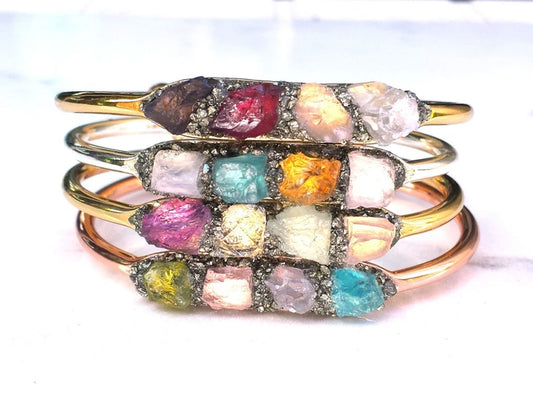 Adjustable Handmade Wire Wrapped Brass Bangle Size 10To15MM Raw Shape Multi Hydro Quartz Gemstone Bezel Set Bangle For Happy Birthday Gift For Women