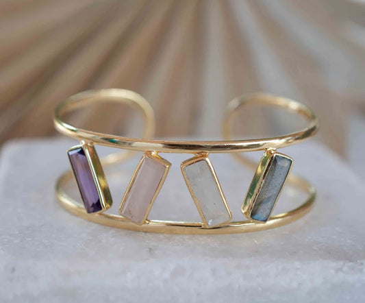 Adjustable Handmade Wire Wrapped Brass Bangle Size 12MM Rectangle Shape Labradorite Amethyst Moonstone Gemstone Bezel Set Bangle For Happy Birthday Gift For Women