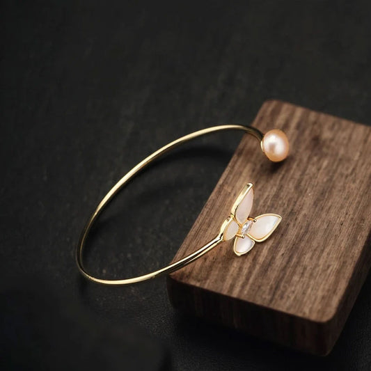 Adjustable Handmade Wire Wrapped Brass Bangle Size 5To12MM Round Shape Pearl Gemstone Bezel Set Bangle For Happy Birthday Gift For Women