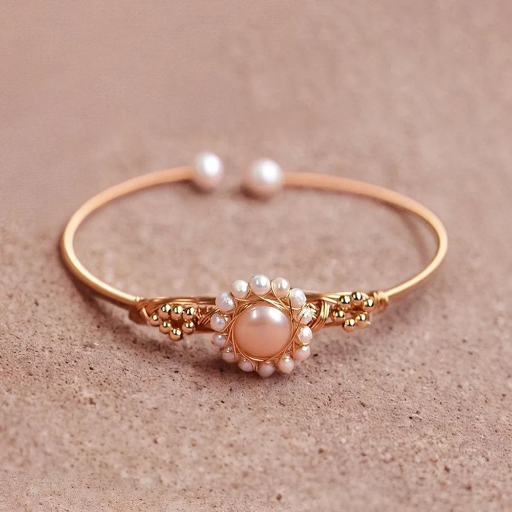 Adjustable Handmade Wire Wrapped Brass Bangle Size 12MM Round Shape Chinese White Pearl Gemstone Bezel Set Bangle For Happy Birthday Gift For Women
