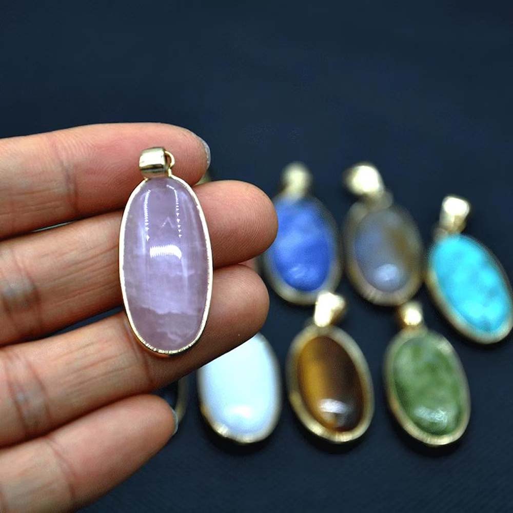Awesome Handmade Stone 9To18MM Approx. Oval Shape Chalcedony Multi Color Gemstone Beads Pendant Drilled Setting Metal Brass Pendant For Happy Birthday Gift Pendant