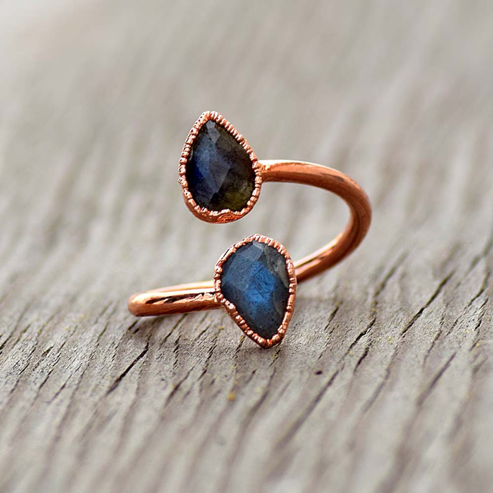 Adjustable Handmade Brass Ring 6X9MM Pear Shape Labradorite Ruby Gemstone Bezel Set Ring For Happy Birthday Gift For Women