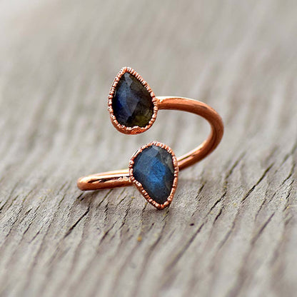 Adjustable Handmade Brass Ring 6X9MM Pear Shape Labradorite Ruby Gemstone Bezel Set Ring For Happy Birthday Gift For Women