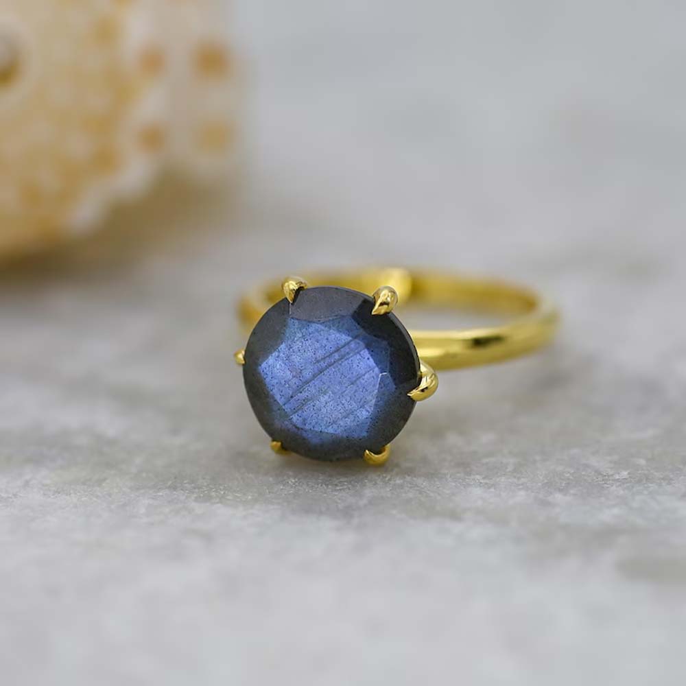 Adjustable Handmade Brass Ring 10MM Round Shape Labradorite Ruby Gemstone Prong Set Ring For Happy Birthday Gift For Women