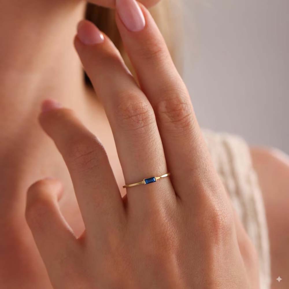 Handmade Brass Ring 3MM Rectangle Shape Blue Sapphire Gemstone Bezel Set Ring For Happy Birthday Gift For Women