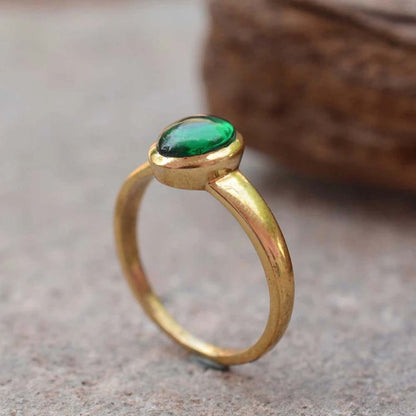 Handmade Brass Ring 8MM Round Shape Hinted Emerald Gemstone Bezel Set Ring For Happy Birthday Gift For Women