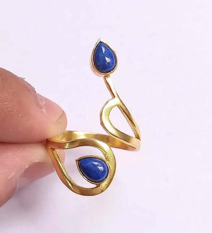 Adjustable Handmade Brass Ring 5To7MM Pear Shape lapis Lazuli Gemstone Bezel Set Ring For Happy Birthday Gift For Women