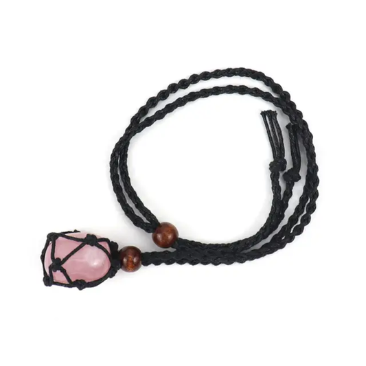Handmade Macrame Wire Wrapped Pendant Black Color Threads Rose Quartz Tumble Gemstone Size 20To25MM Pendant Jewelry