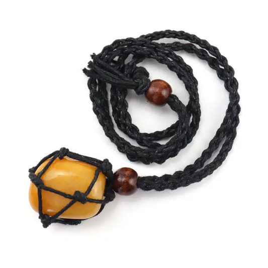 Handmade Macrame Wire Wrapped Pendant Black Color Threads Yellow Chalcedony Tumble Gemstone Size 20To25MM Pendant Jewelry