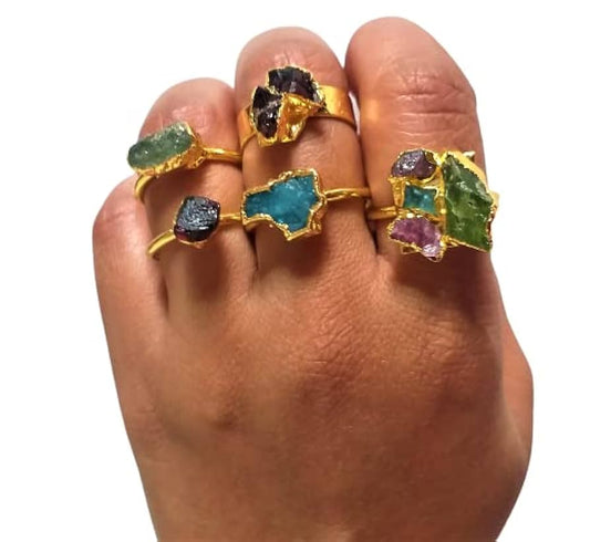 New Trendy Brass Electroplated Set Ring's Handmade Mix Raw Gemstone Size 10To12MM Raw Shape Ring For Birthday Gift Jewelry