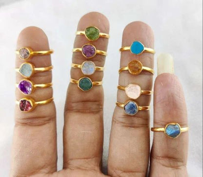 925 Sterling Silver Handmade Rings Mix Stone Size 7MM Round Shape Bezel Setting Ring For Anniversary Gift Ring