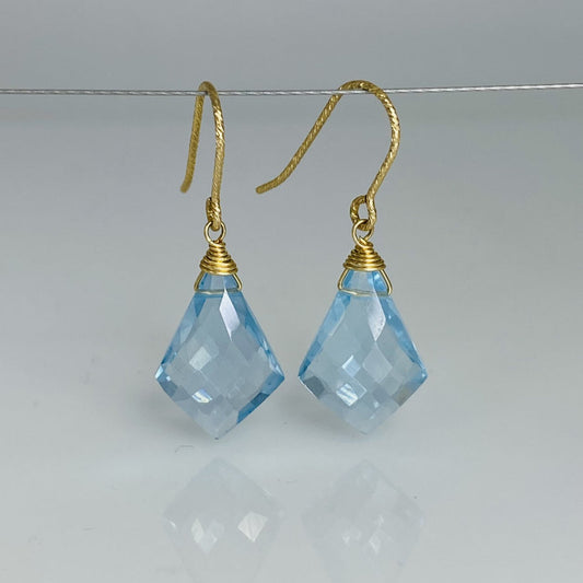 925 Sterling Silver Gold Plated Dangle Pair Earrings Handmade Blue Quartz Gemstone Size 8X12MM Mini Kite Shape Earring