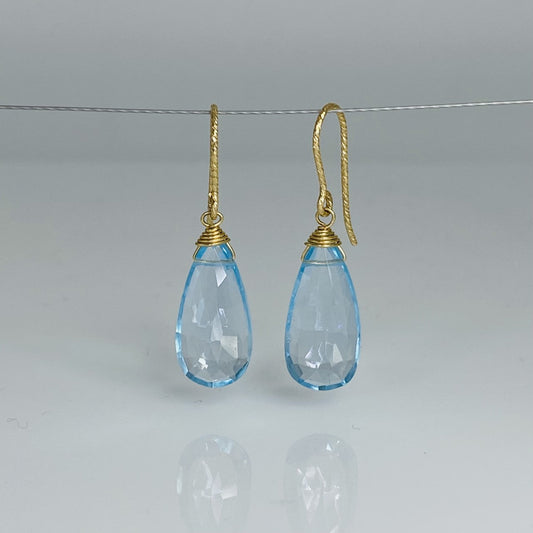 925 Sterling Silver Gold Plated Dangle Pair Earrings Handmade Blue Topaz Hydro Gemstone Size 8X12MM Long Drop Shape Earring