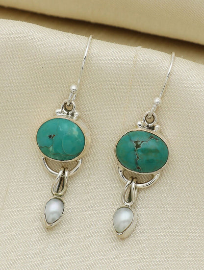 925 Sterling Silver Dangle Pair Earrings Handmade Turquoise Gemstone Size 8X11MM Drop Shape Earring Drilled Set