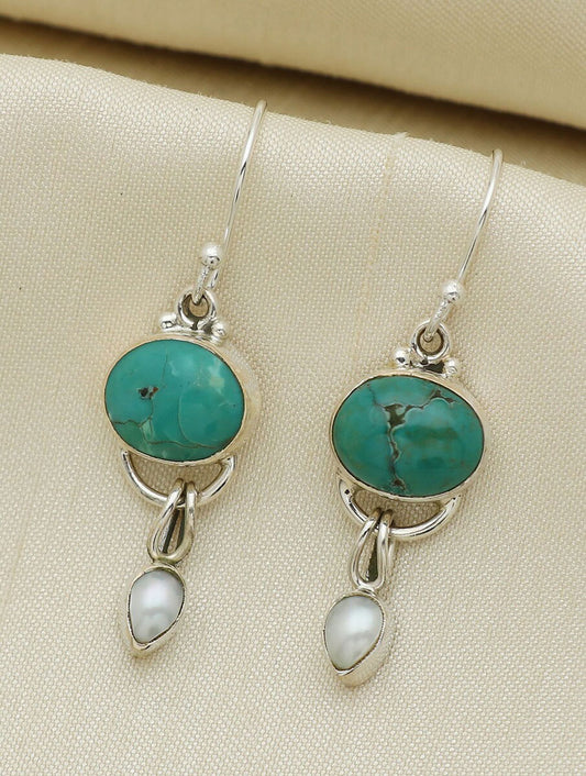925 Sterling Silver Dangle Pair Earrings Handmade Turquoise Pearl Gemstone Size 10X12MM or 5X7MM Oval Drop Shape Earring Bezel Set Jewelry