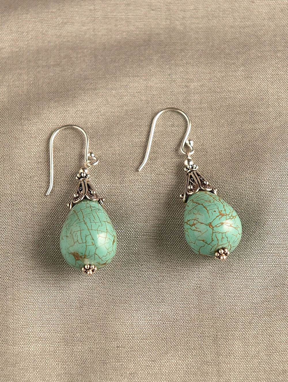 Silver Dangle Earrings Turquoise Gemstone Handmade