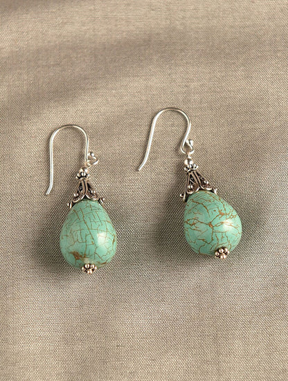 Silver Dangle Earrings Turquoise Gemstone Handmade