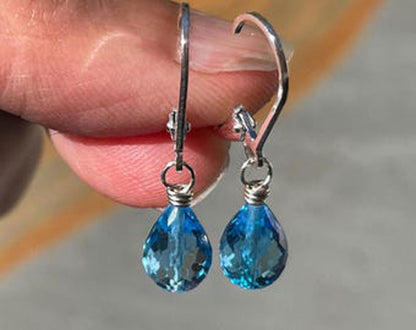 925 Silver Blue Topaz Pear Dangle Earrings 8X12mm