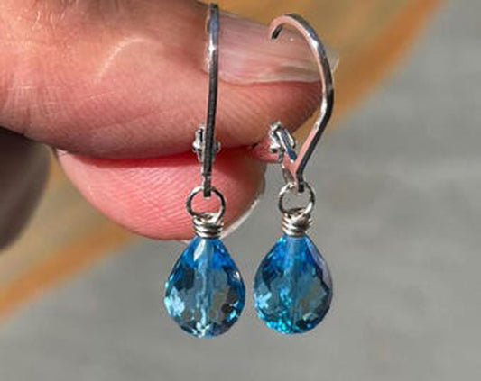 925 Sterling Silver Dangle Pair Earrings Handmade Blue Topaz Hydro Natural Gemstone Size 8X12MM Pear Shape Earring Bezel Setting