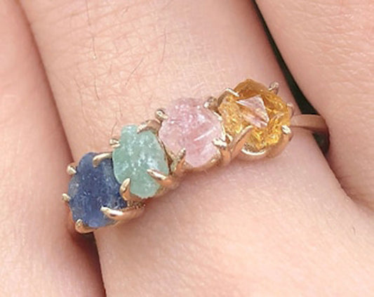 925 Sterling Silver Rhodium Plated Handmade Rings Mix Raw Stone Size 4X6MM Raw Shape Bezel Setting Ring For Anniversary Gift For Women