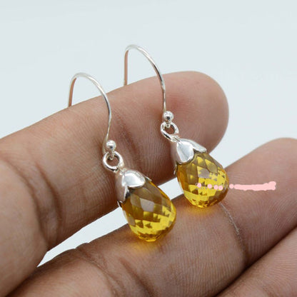 925 Sterling Silver Dangle Pair Earrings Handmade Citrine Hydro Natural Gemstone Size 8X11MM Pear Shape Earring Bezel Setting