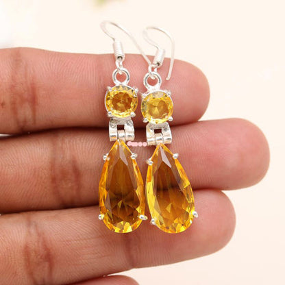 Yellow Citrine 925 Silver Long Drop Earrings