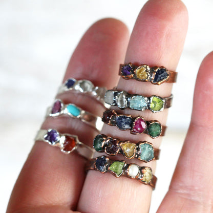 New Trendy Brass Electroplated Set Ring's Handmade Mix Raw Gemstone Size 10To12MM Raw Shape Ring For Birthday Gift Jewelry