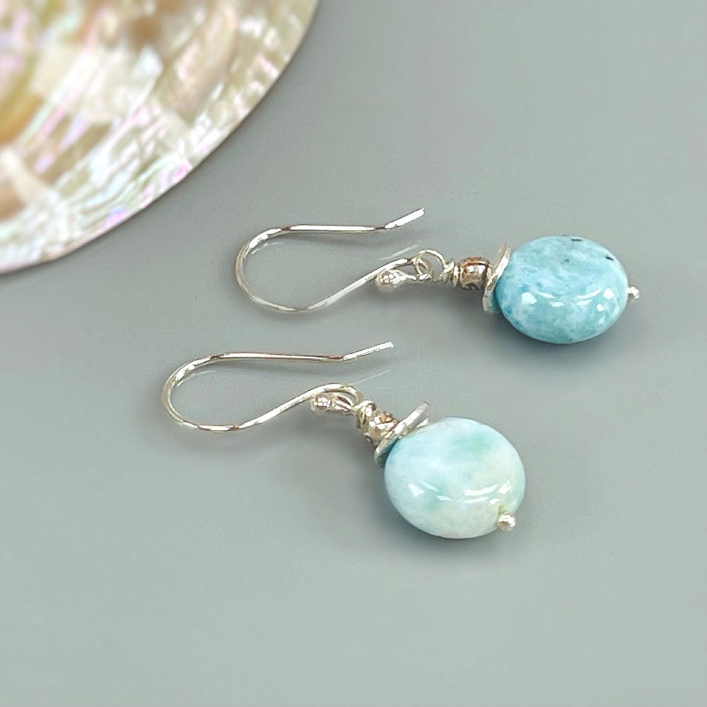 925 Sterling Silver Dangle Pair Earrings Handmade Larimar Natural Gemstone Size 8X10MM Oval Shape Earring Bezel Setting