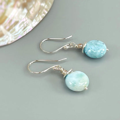 925 Sterling Silver Dangle Pair Earrings Handmade Larimar Natural Gemstone Size 8X10MM Oval Shape Earring Bezel Setting