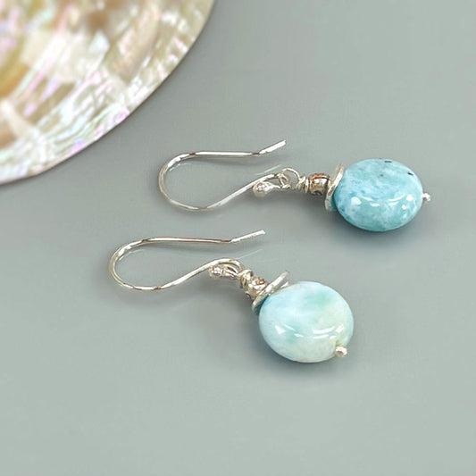 925 Sterling Silver Dangle Pair Earrings Handmade Larimar Natural Gemstone Size 8X10MM Oval Shape Earring Bezel Setting