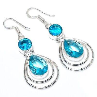 Handmade 925 Silver Blue Topaz Dangle Earrings
