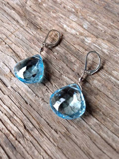 925 Silver Blue Topaz Pear Dangle Earrings 8X12mm