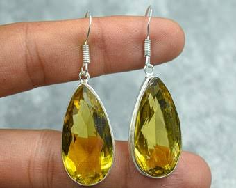 925 Sterling Silver Dangle Pair Earrings Handmade Citrine Hydro Natural Gemstone Size 8X11MM Pear Shape Earring Bezel Setting