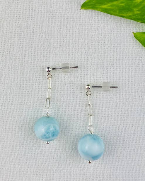 925 Sterling Silver Dangle Pair Earrings Handmade Larimar Natural Gemstone Size 8X10MM Oval Shape Earring Bezel Setting