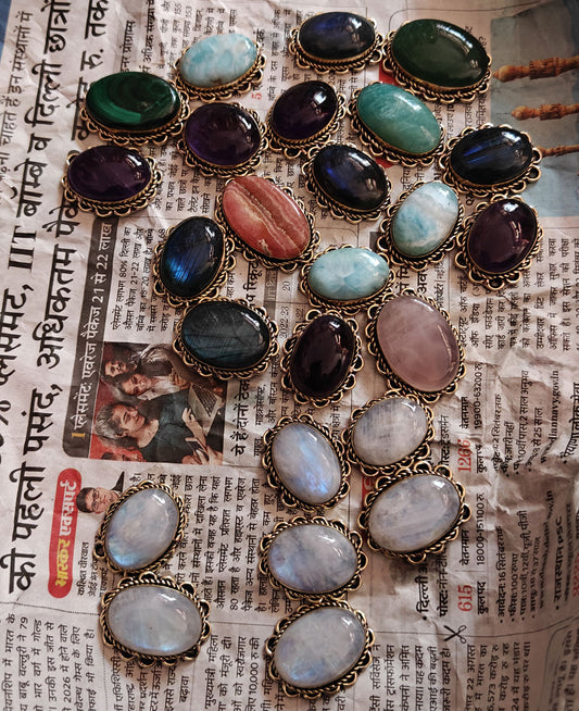 Mix Stone Oval Pendant | Handmade Brass Jewelry